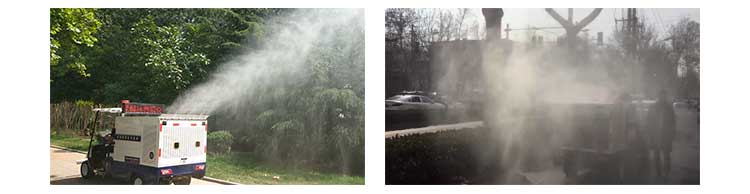道路高压清洗车在喷雾降尘。